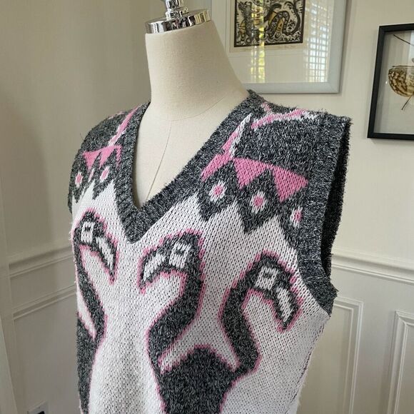 Vintage 80s Jolie Flamingo Pink Grey White Sweater Vest M - Picture 4 of 8